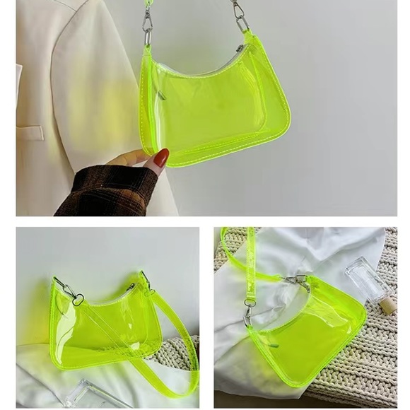 Womens NEW Y2K Neon Yellow PVC Zipper Shoulder Bag Clutch Travel Makeup Purse - Picture 5 of 6
